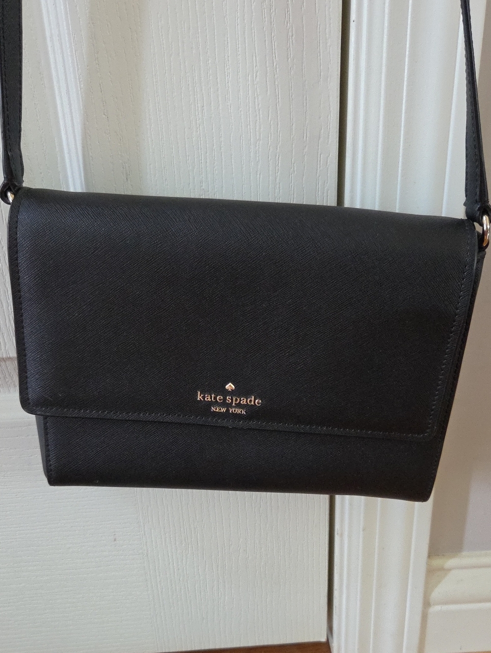 kate spade Black Saffiano Crossbody Flap Bag with Gold Logo